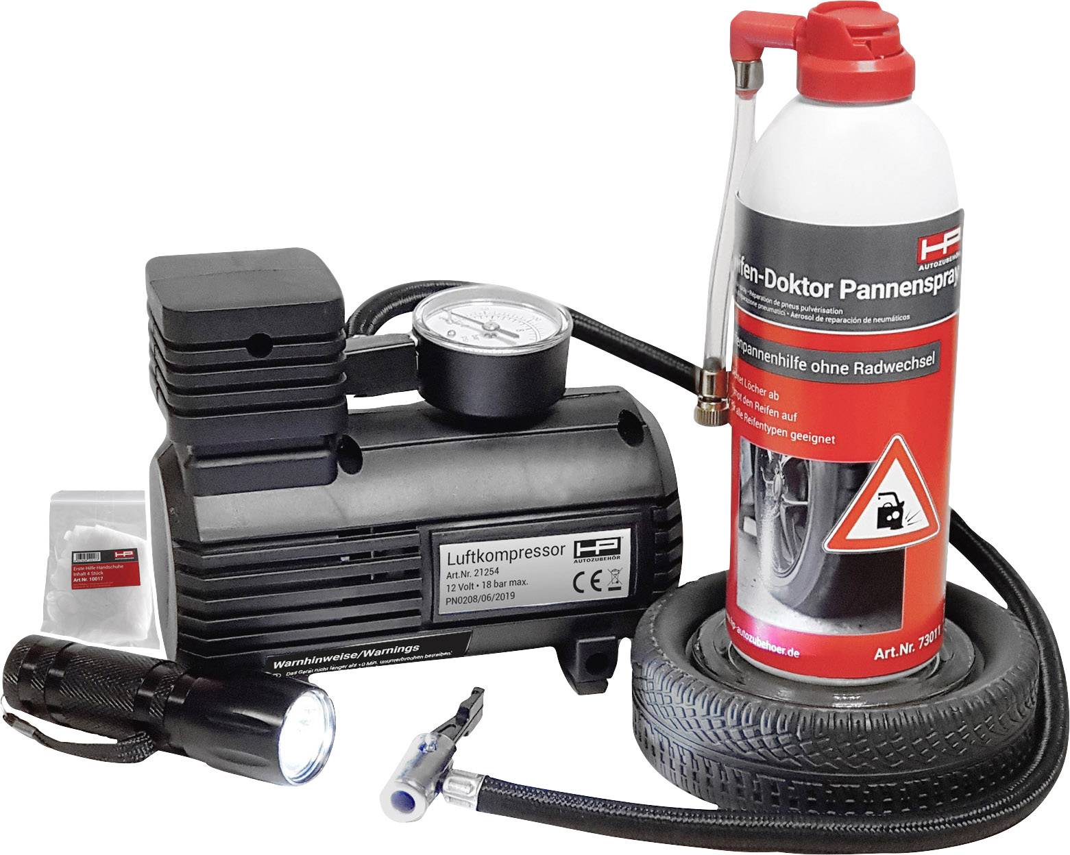 Air compressor kit with tyre sealant, pressure gauge and torch for quick tyre inflation and repair.