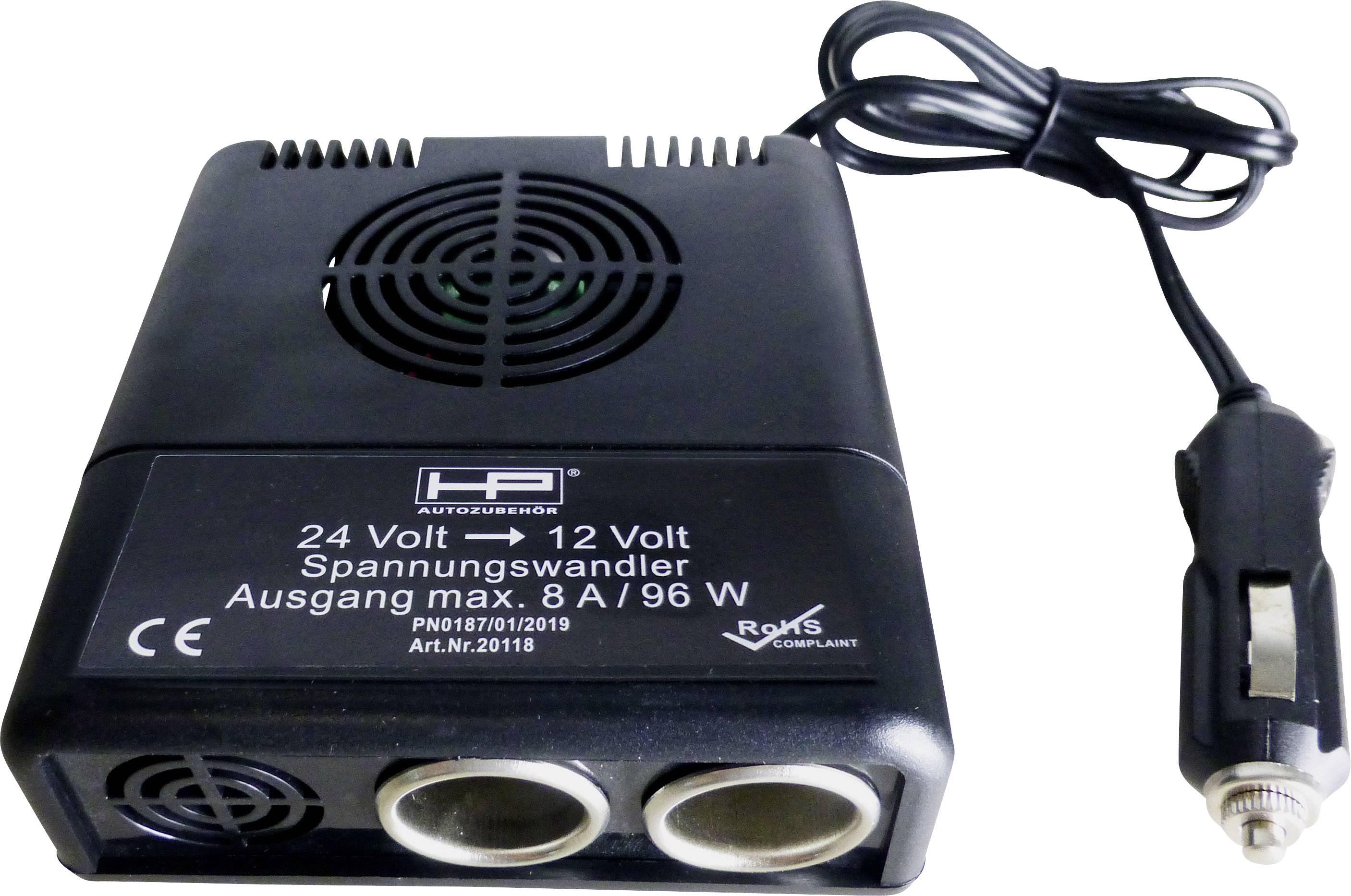 Voltage converter to convert 24 volts to 12 volts, max. 8A/96W, with two power sockets and an automotive adaptor plug.