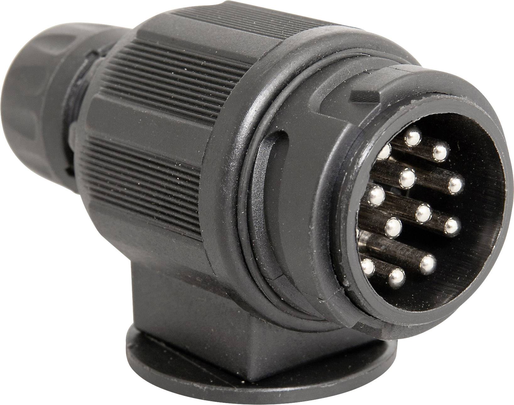 Black male electrical connector with multiple metal pins, designed for electrical connections through proper insertion.