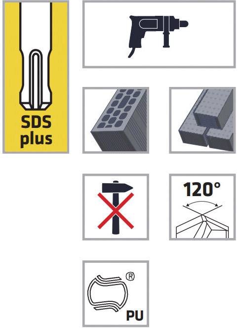 'SDS plus' drill, hammer drill, brick, concrete shuttering blocks, no hammer use, drilling angle 120 degrees, material marking PU.