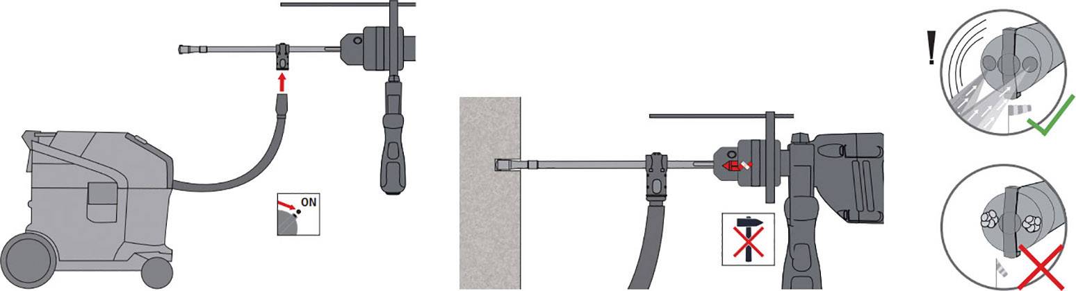 Guidance for Dust Prevention: Connect a Vacuum Cleaner to a Drill Hammer. Safety Note: Wear Safety Glasses to Avoid Dust.