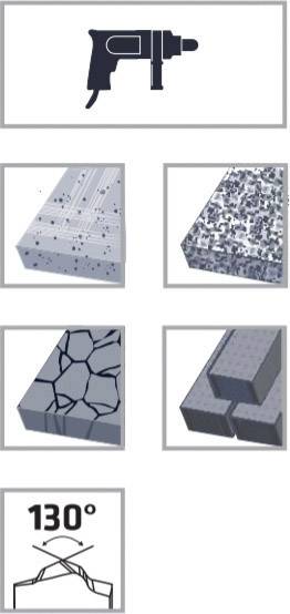 Illustration: Top: Drill machine symbol. Centre from left to right: Bricks with holes, Concrete blocks. Bottom from left to right: Crack in concrete, Metal profile, Angle 130°.