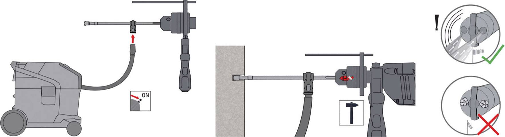A diagram shows the correct use of a vacuum cleaner with a drill hammer for dust-free drilling into a wall. A green tick indicates the correct connection, a red cross the incorrect one.