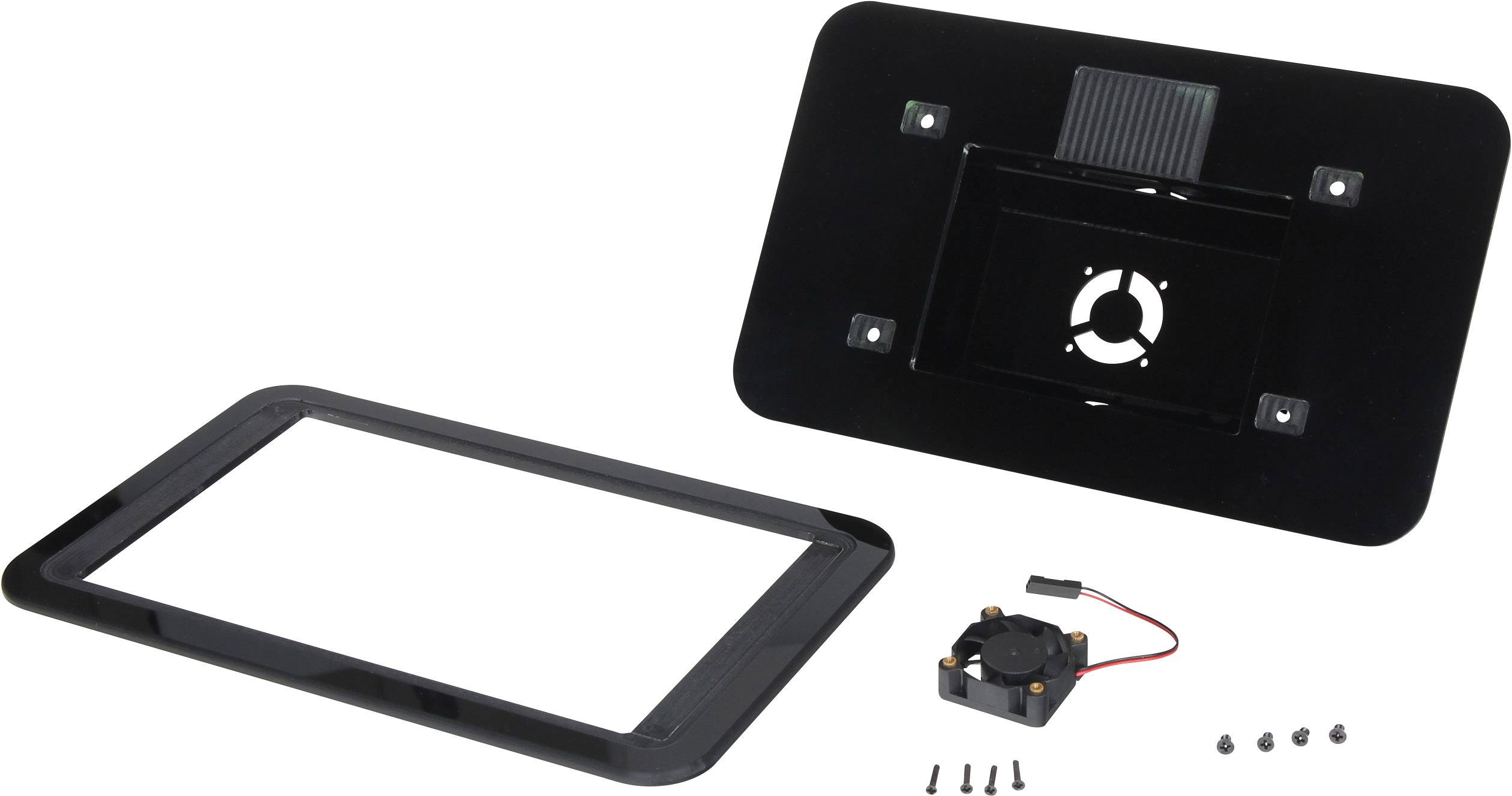 Cover with various components, including a small fan and screws.