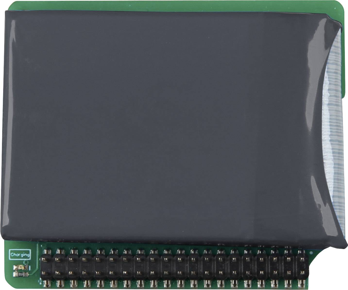 A battery with a green circuit board and black contacts; upper section wrapped in black protective film.