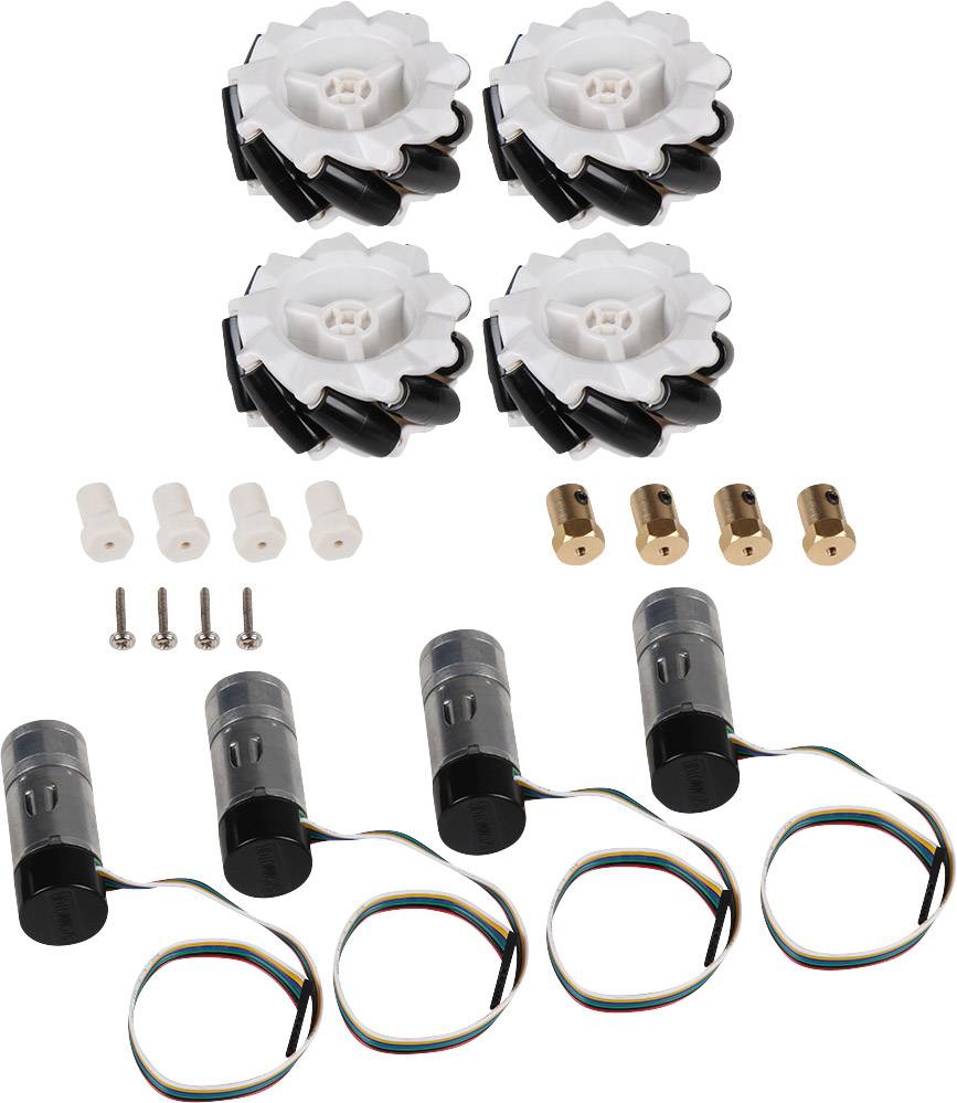 Four white wheels with black rollers, four motors with cables, screws and an adapter on a white background.