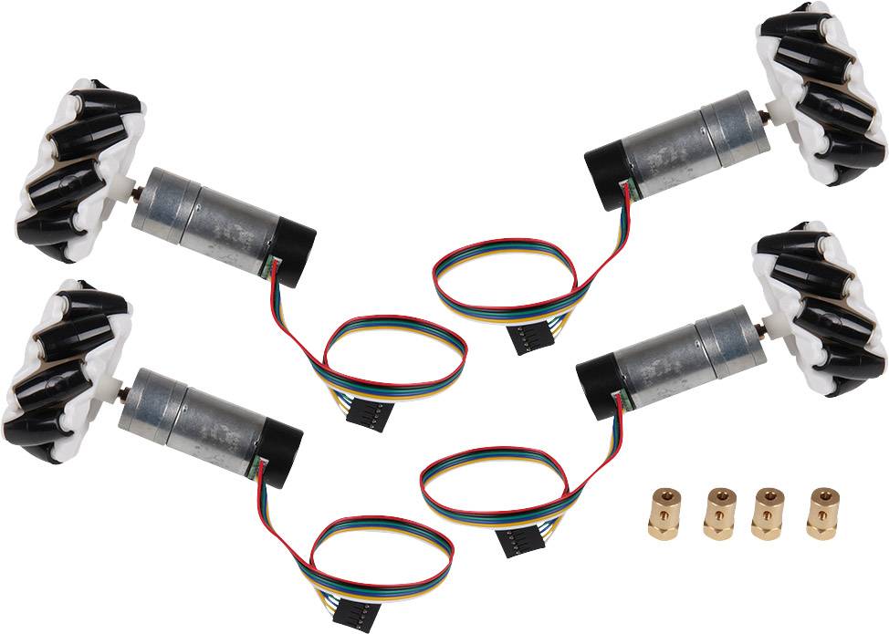 Four omnidirectional wheels with electric motors and cables, alongside five coupling components. Suitable for robotics applications.