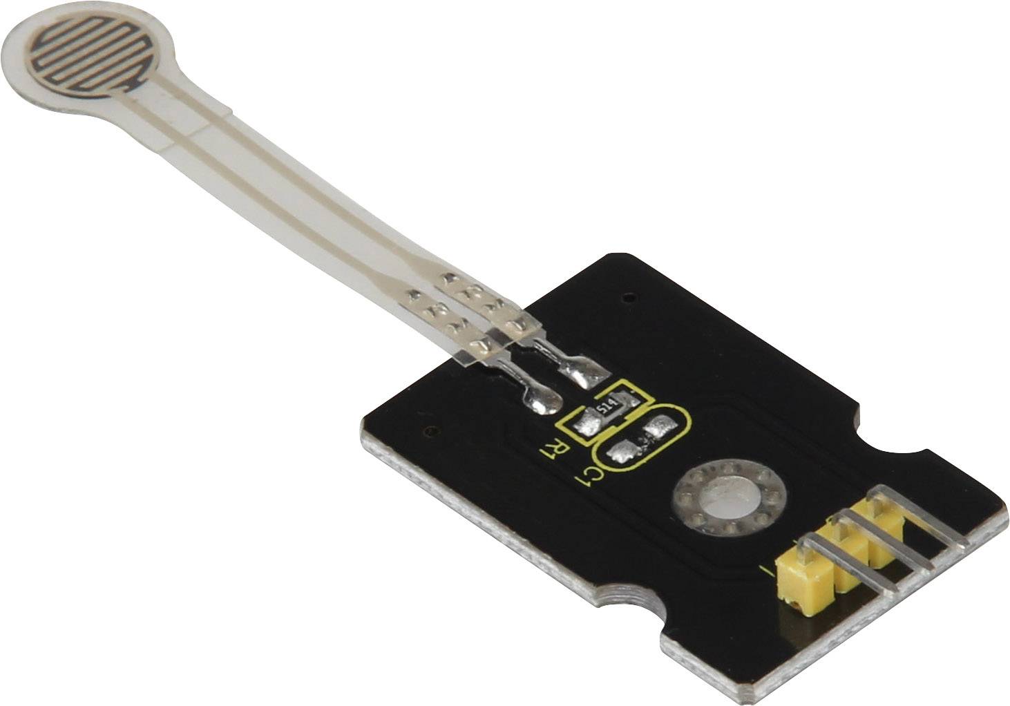 Flexible pressure sensor on a black electronic circuit board with a resistor and yellow components, used for pressure measurement.