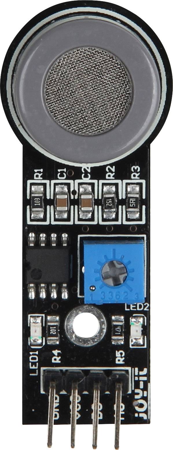 A sensor with electronic components on a circuit board, including a blue potentiometer and several connectors.