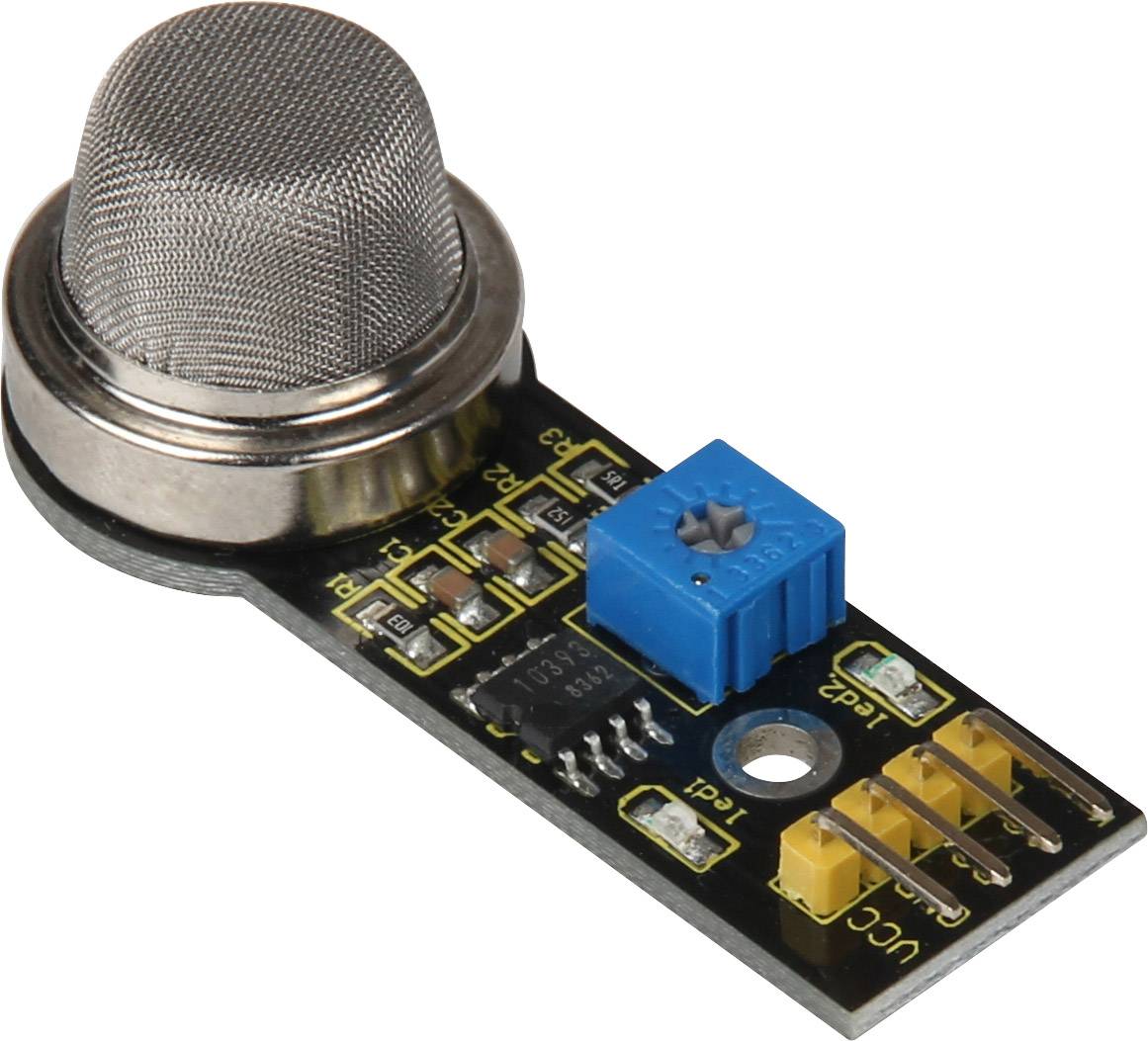 Sensor module with metal mesh, blue calibration unit, and multiple yellow connectors on a black circuit board.