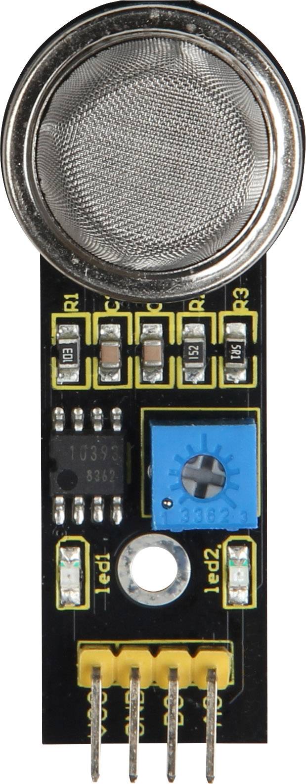 Gas sensor module with a circular metal grid, blue potentiometer adjustment and multiple electronic components on a black circuit board.