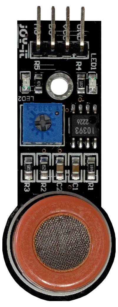 Close-up of a small electronic sensor module with a blue adjustment trimmer, LED, connector pins, and a round red-and-silver sound sensor at the bottom.