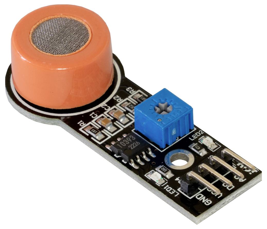 Gas sensor module with orange sensor dome and blue adjustable potentiometer on a circuit board.