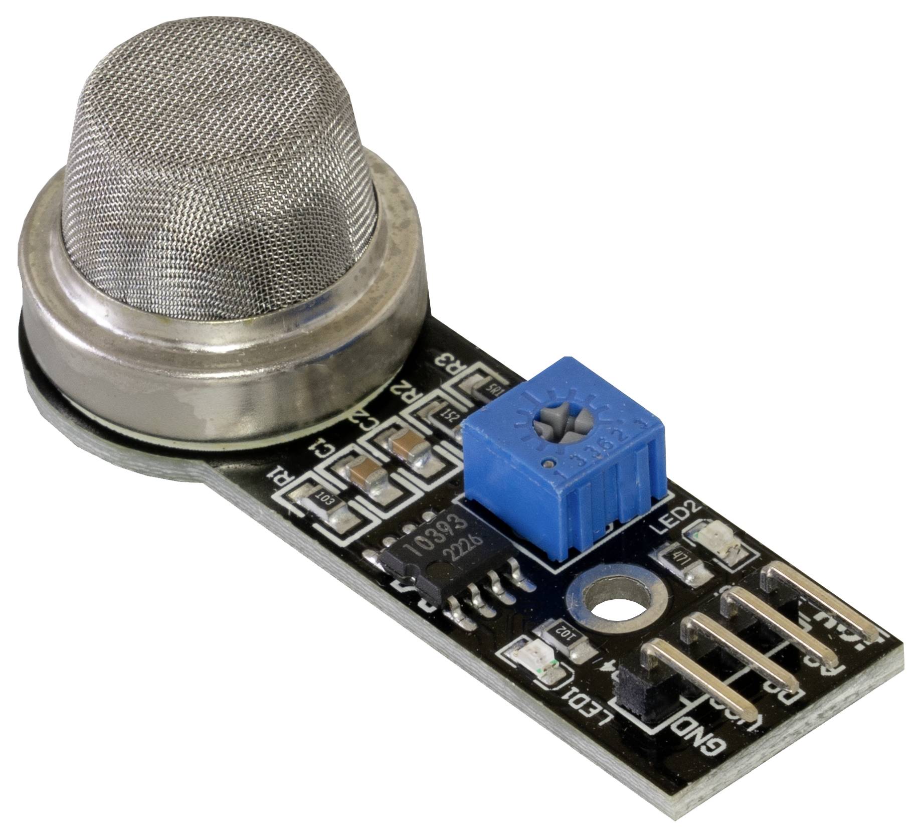 'Gas sensor module' with a cylindrical metallic sensor and a blue potentiometer on a black circuit board, used for detecting gases.