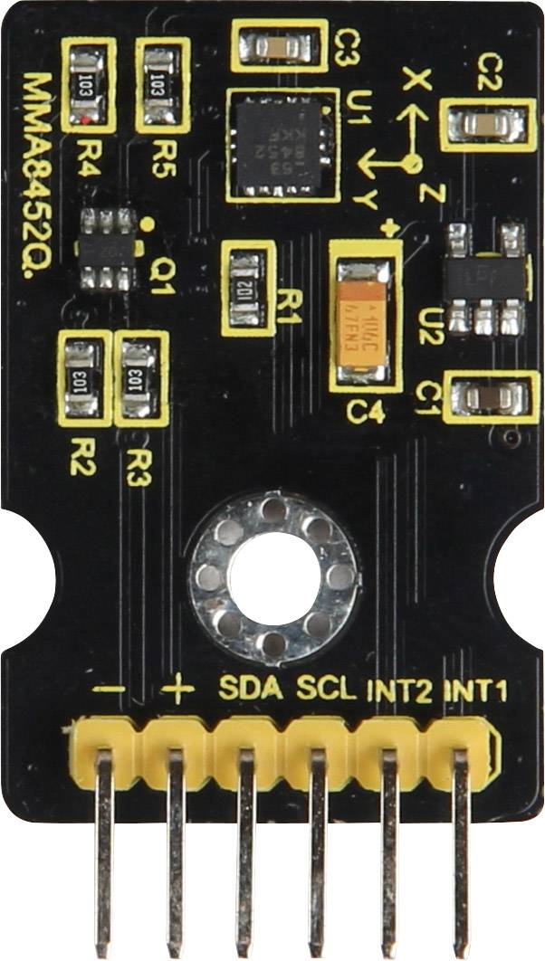 Electronic module labelled 'MMA8452Q', showing electronic components and connections for SDA, SCL, INT2, INT1.
