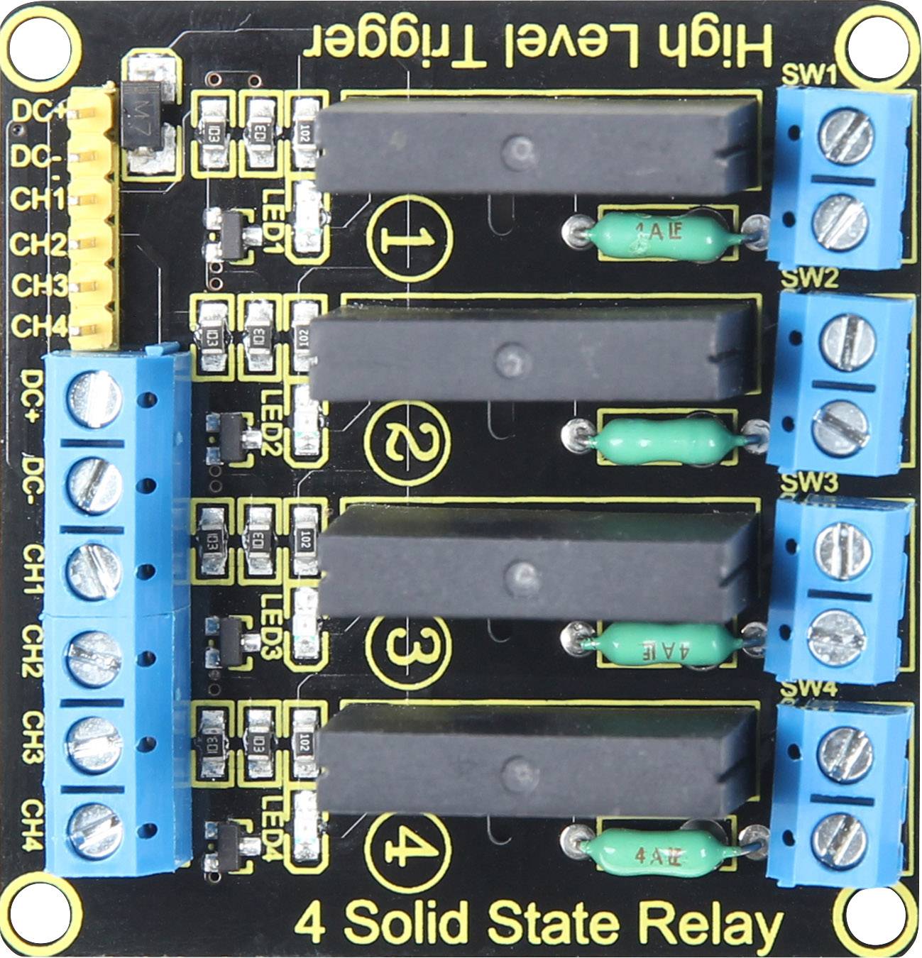 Four-channel solid-state relay module with blue screw terminals and yellow pin headers, labelled as 'CH1' to 'CH4'.