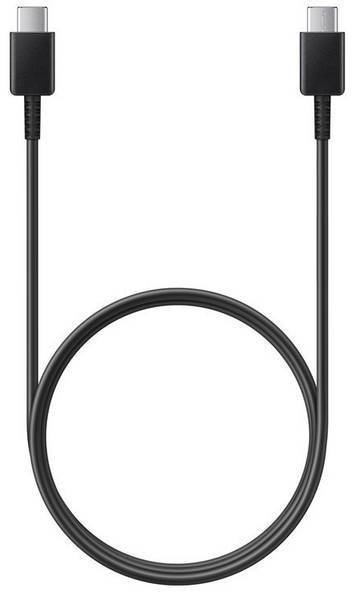 A black USB-C cable with connectors at both ends, suitable for charging and data transfer.