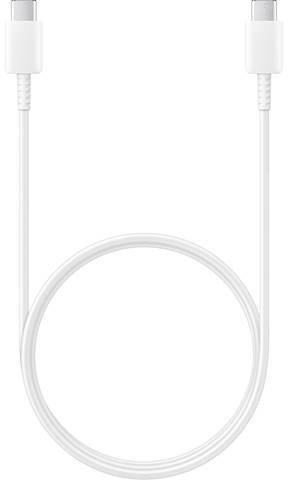 A white, spiral-shaped USB cable with two USB-C connectors, lies in a circular arrangement on a neutral background.