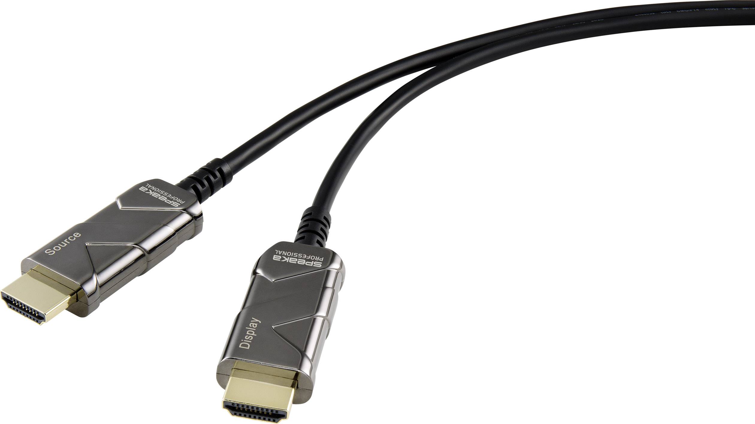 Two HDMI cable plugs close to the camera. One is labelled 'Source' and the other 'Display'. Black cables connect them.
