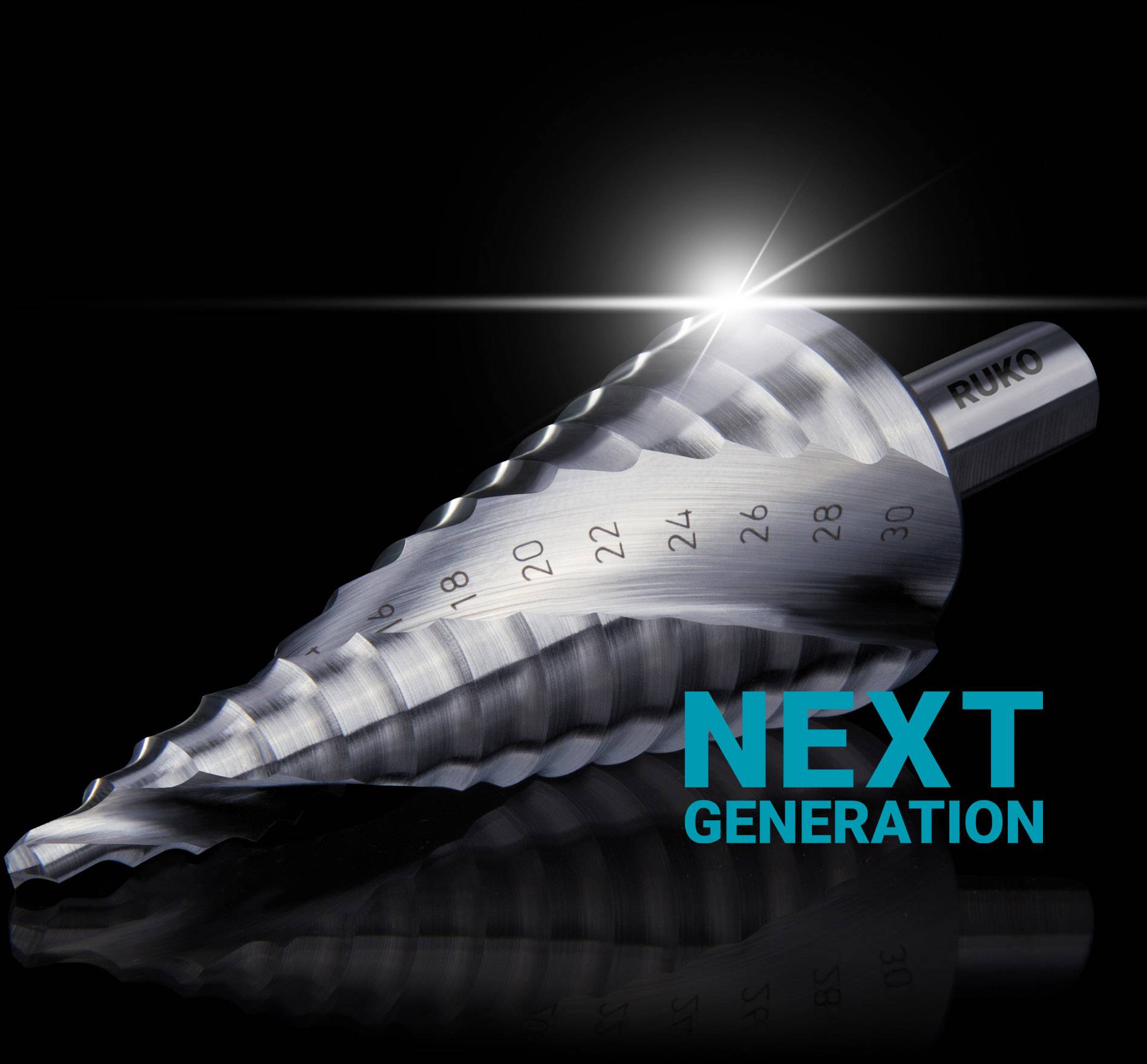 A metal stepped drill bit with a luminous effect, with the text 'NEXT GENERATION' beside it.