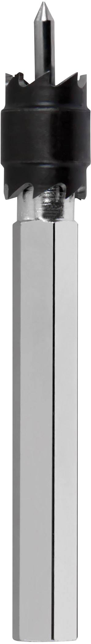 Drill bit with a hexagonal shank, suitable for wood and metal, with a black milling head at the top and a pointed tip at the front.