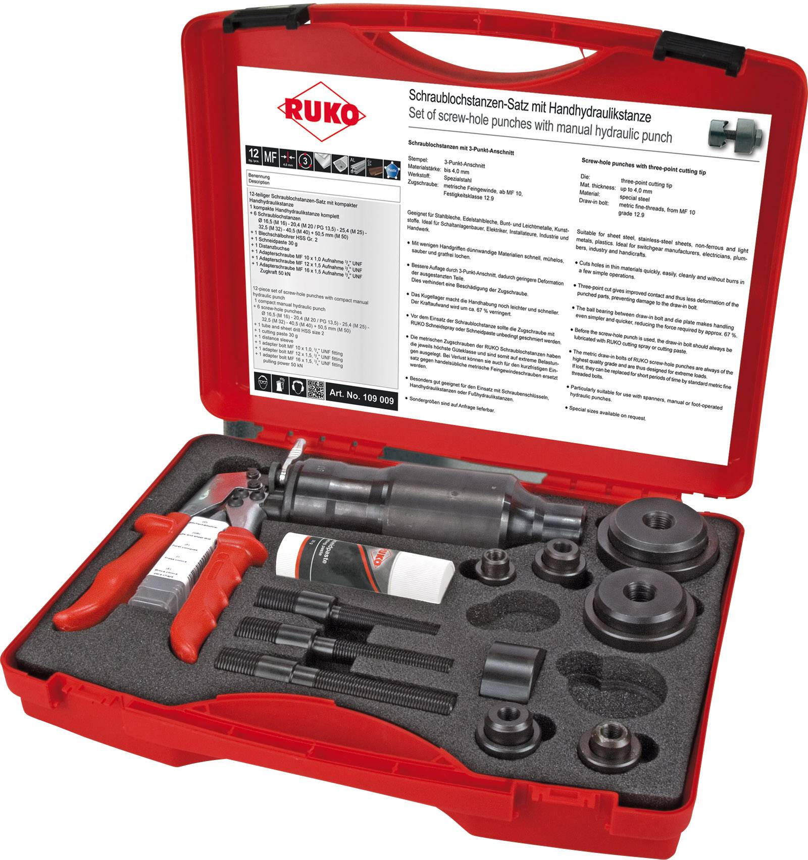 Open red toolbox with screw hole punch set, hand hydraulic press, and accessories. Text on inner side describes application.