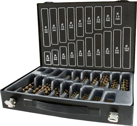 Open case with various screws in compartments, compartments labelled by diameter (0.5 mm to 10 mm).