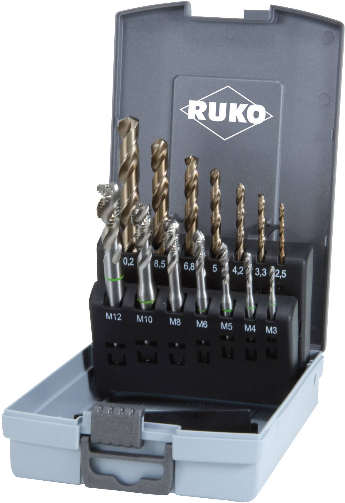 A set of nine spiral drill bits of varying sizes in an open, grey plastic case with the brand name on the case lid.