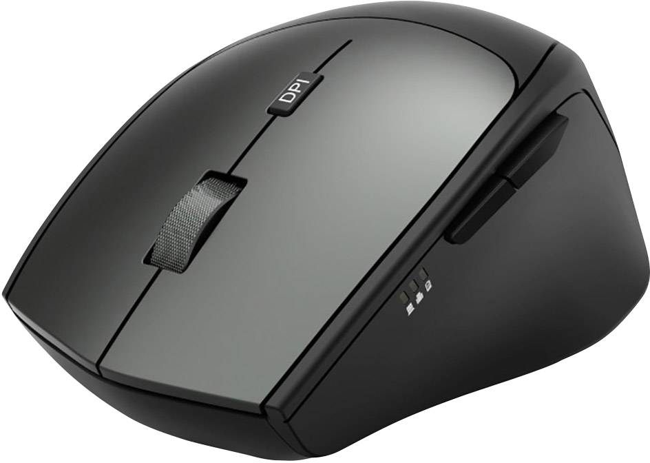 A black wireless computer mouse with a DPI button on top and side buttons for navigation.