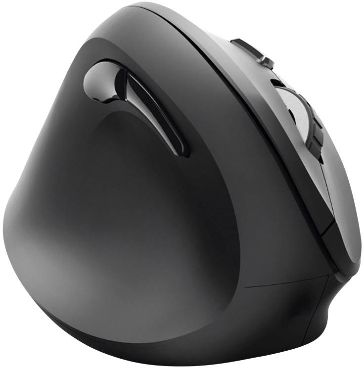 Black, ergonomic vertical mouse, right-handed, with scroll wheel and two buttons, designed to reduce wrist strain.