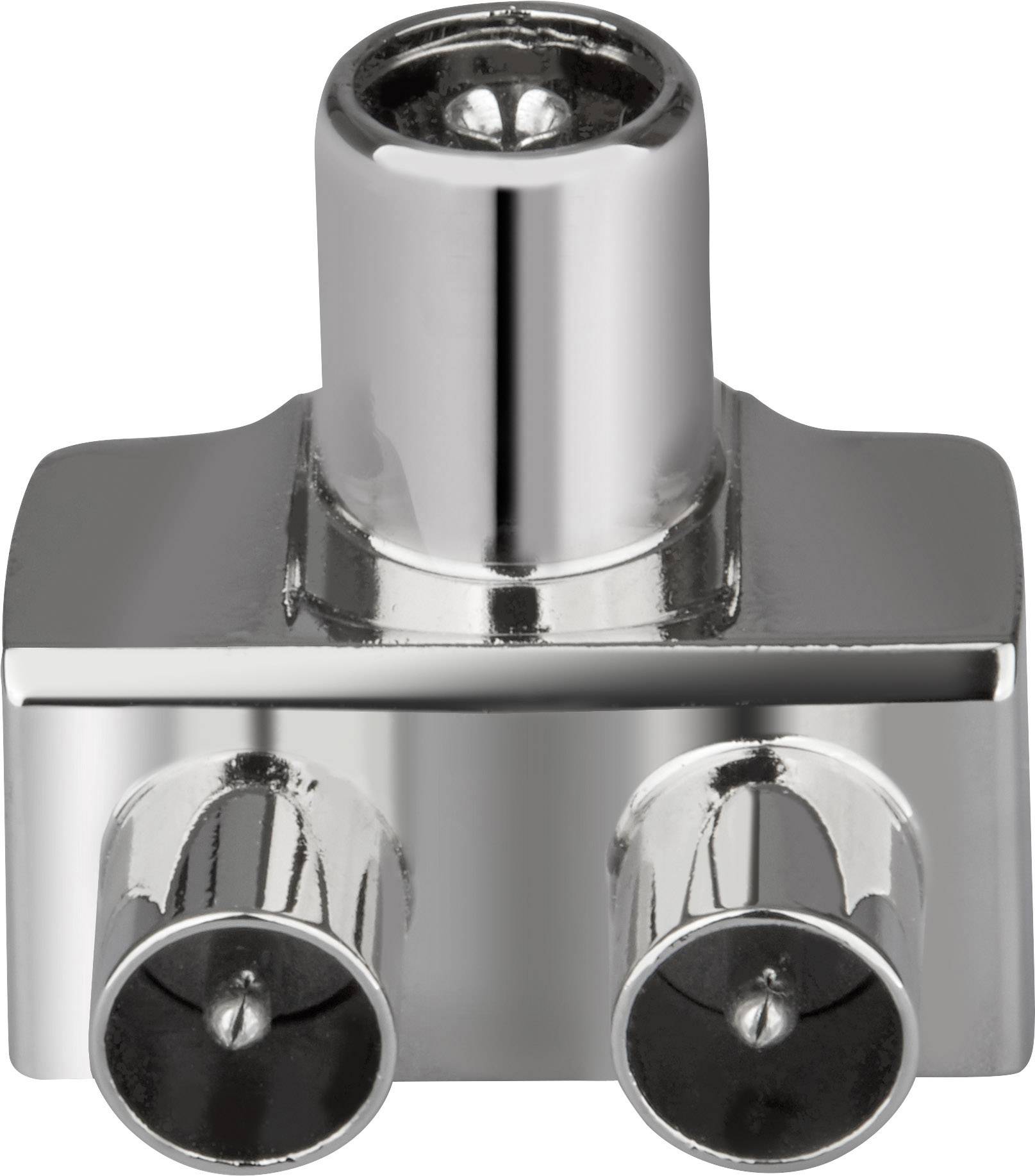 Metal antenna adapter with one input and two outputs.