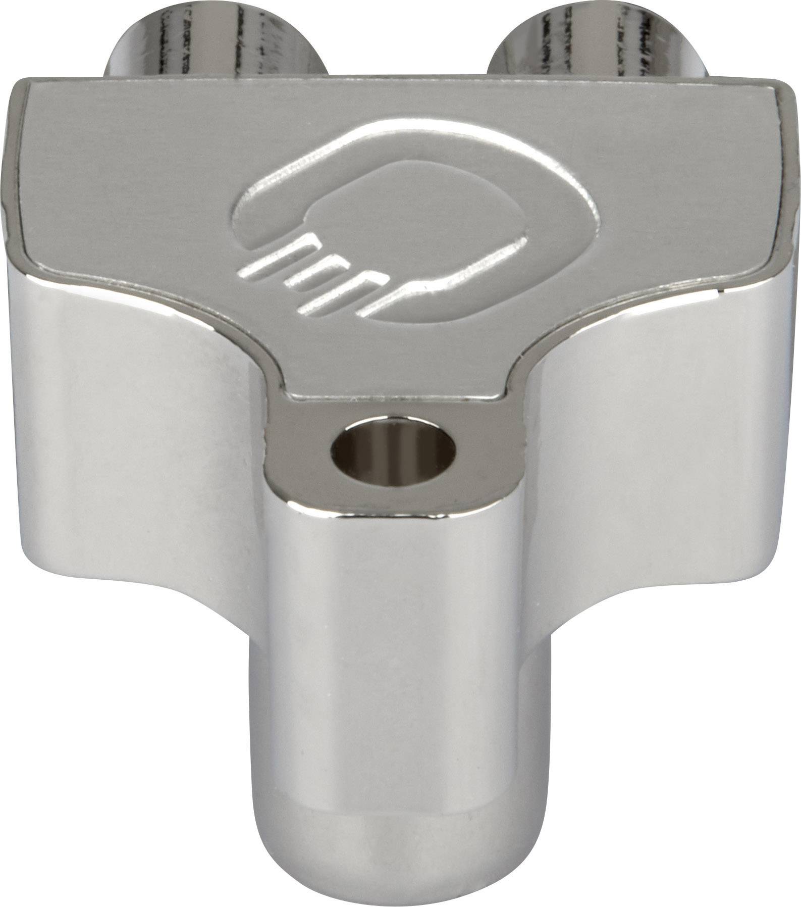 Metallic plug with an embossed symbol. The symbol depicts a stylised hand pointing downwards.