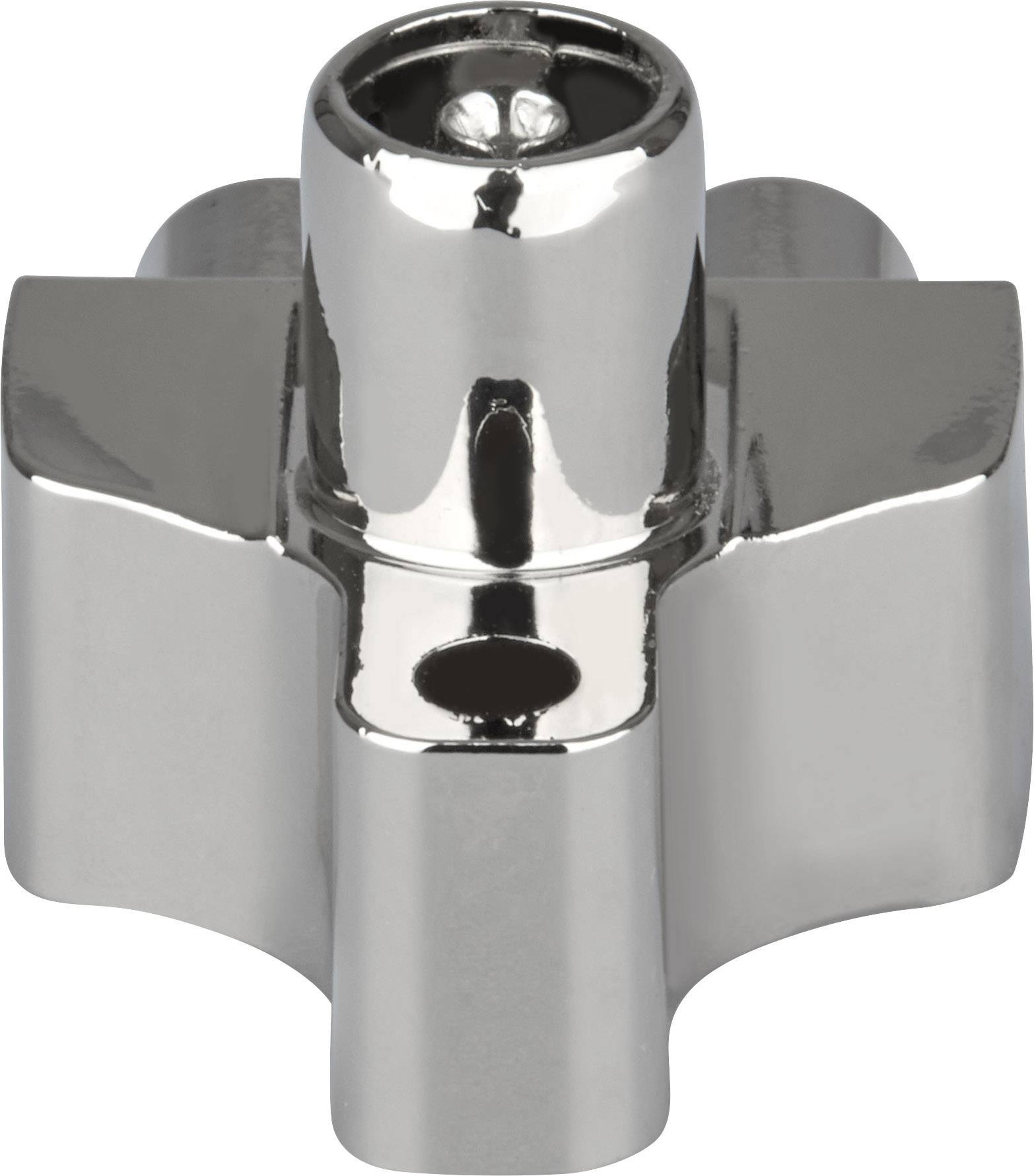 A silver metal piece with four equal arms and a central, raised cylinder. It has a smooth, polished finish.