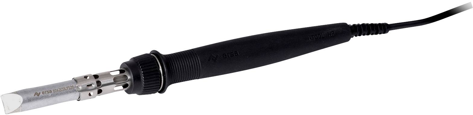 Soldering iron with a black handle and metal tip, ready for use in electrical or craft work.