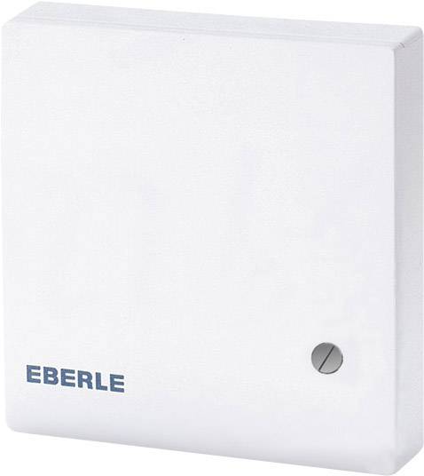 White wall thermostat cover with screw at bottom right and blue 'EBERLE' lettering at bottom left.