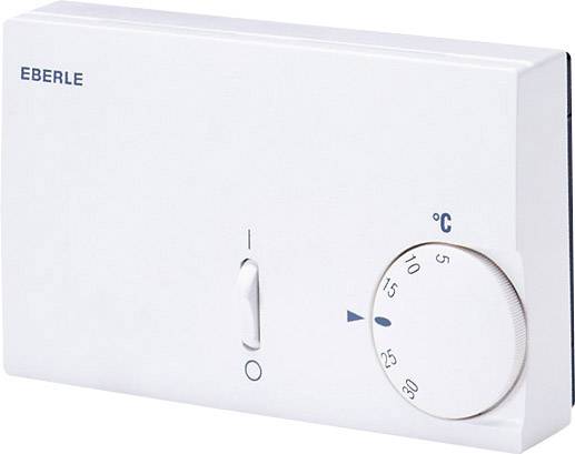 A white thermostat with a rotary dial and numbers for temperature display in degrees Celsius on the right-hand side, brand 'EBERLE'.