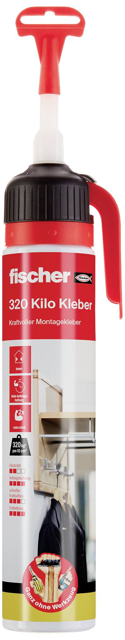 Red cartridge 'Fischer 320 Kilo Adhesive', a strong mounting adhesive with an image of a shelf in use.