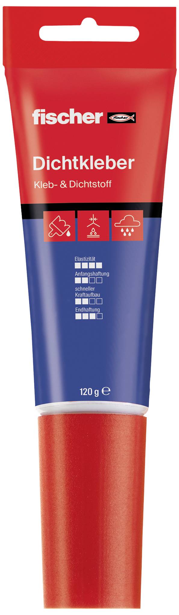 Red Tube by 'fischer' with sealing adhesive, 120g. Suitable for fire, water and cold sealing.
