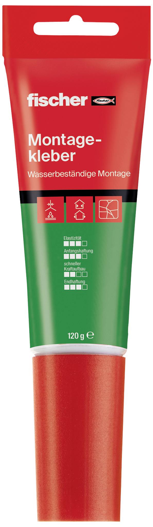 A red tube labelled 'fischer Mounting Adhesive, Water-Resistant Assembly', suitable for wood, stone, glass and metal, 120g.