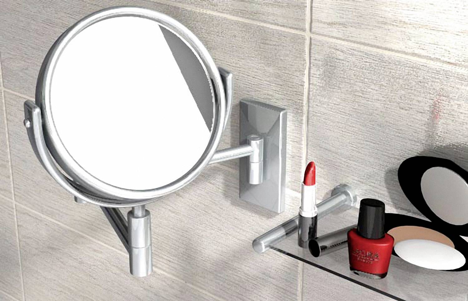 A round make-up mirror is mounted on a tiled wall. On a shelf beneath it sit a red lipstick, nail polish, and a compact powder.