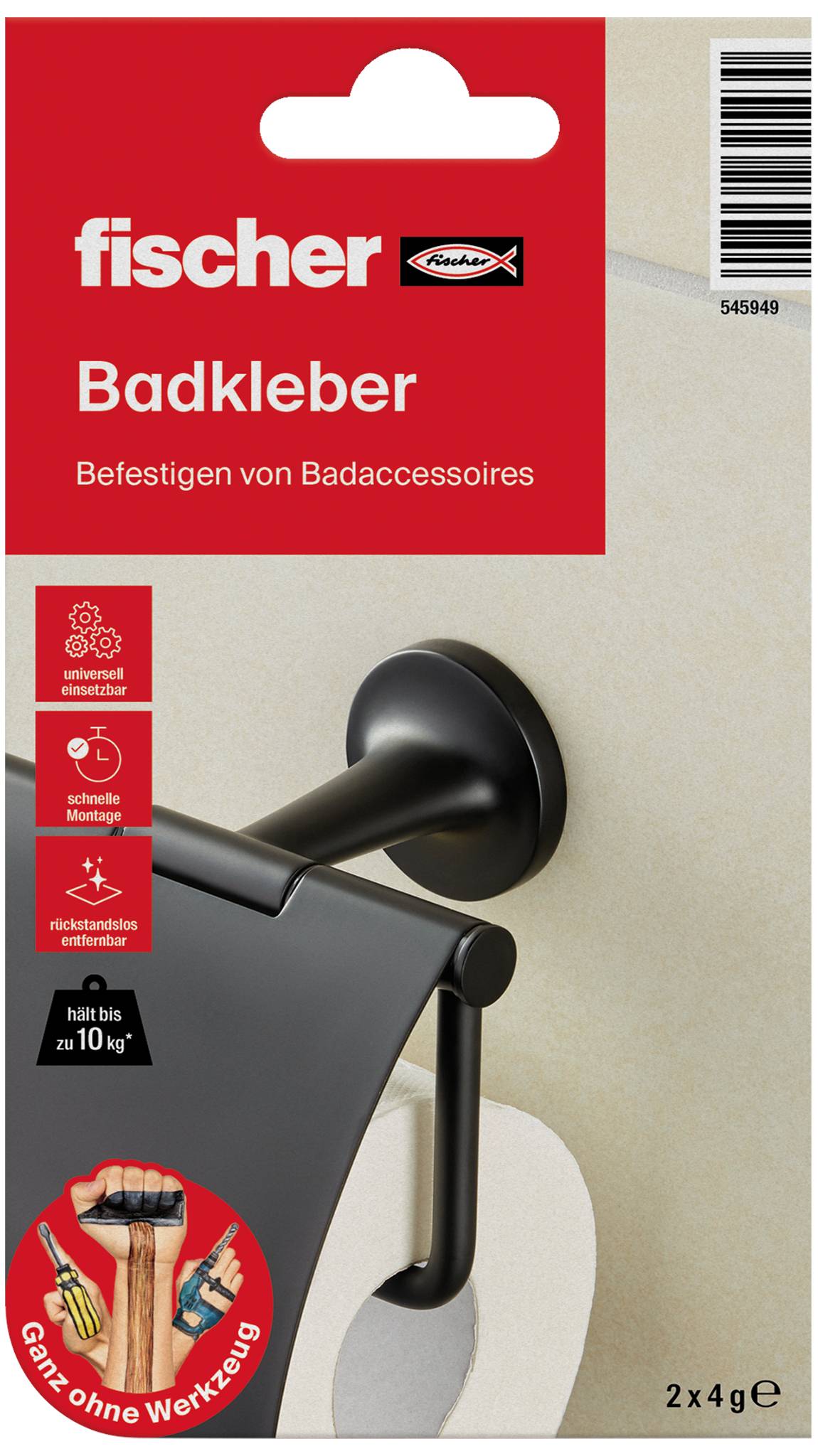 'Fischer Bathroom Adhesive' Packaging. Shows secure mounting for bathroom accessories up to 10 kg, without tools. Contains 2x4g adhesive, suitable for vertical application.