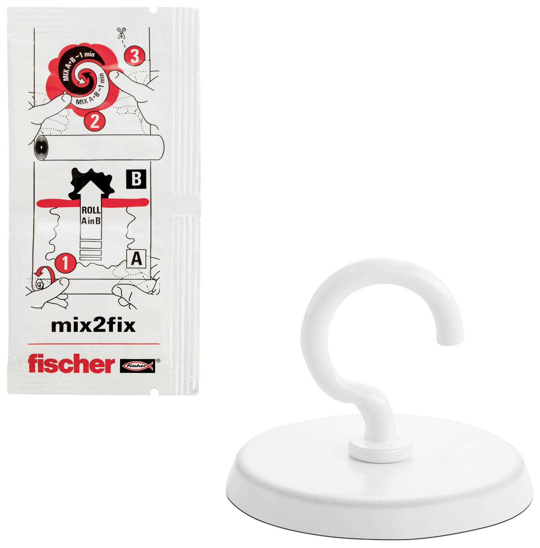 A white hook with a suction pad. Alongside it, an instruction guide showing how to install the product: mix2fix by Fischer.