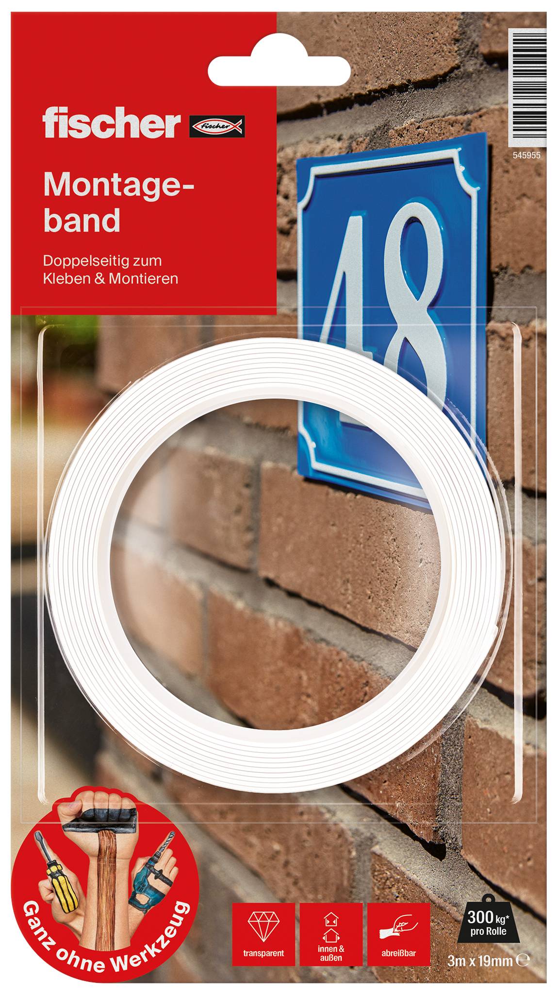 'Fischer Mounting Tape', double-sided adhesive for attaching objects. Shows application on a house number mounted on a brick wall.