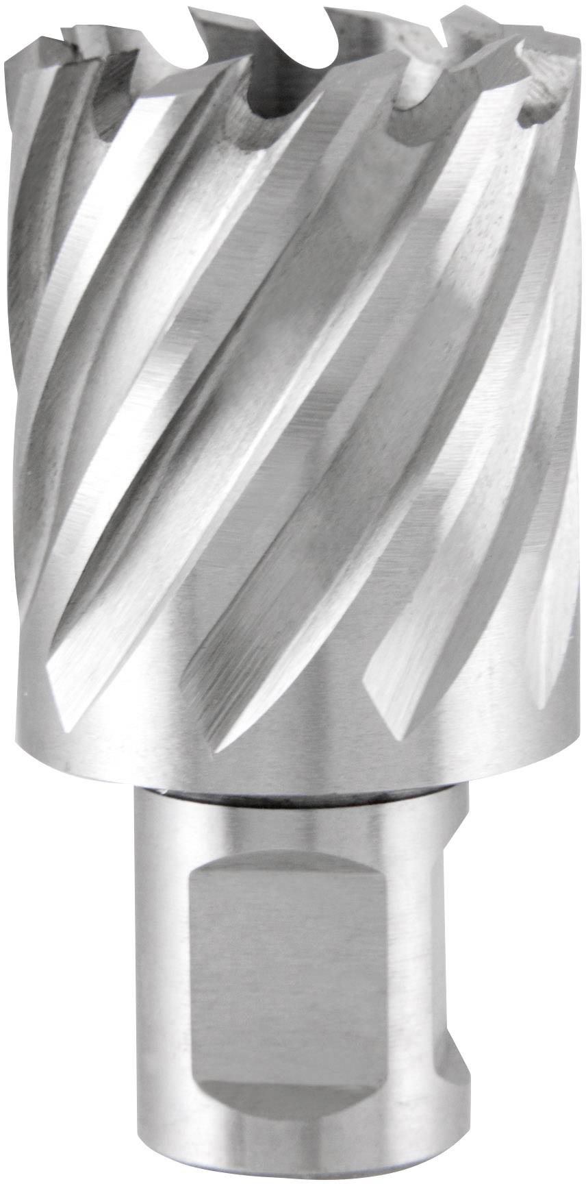 A silver, spiral drill bit with a cylindrical shaft, used for drilling into hard materials.