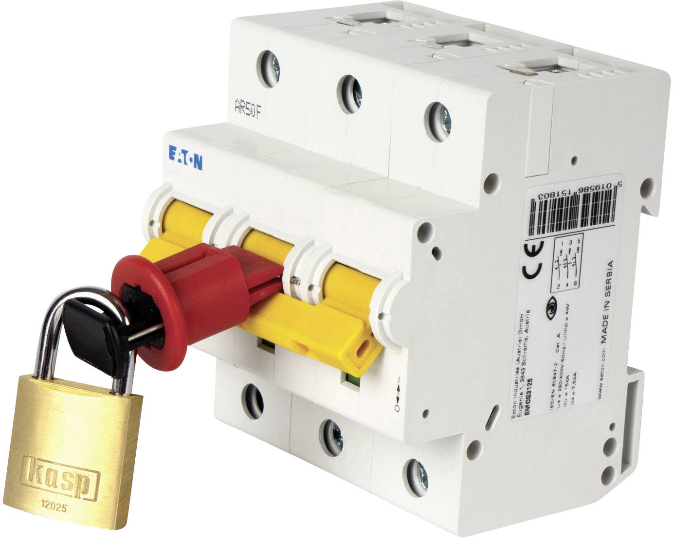 A white electrical fuse box with three switches, secured by a red locking system and a padlock.