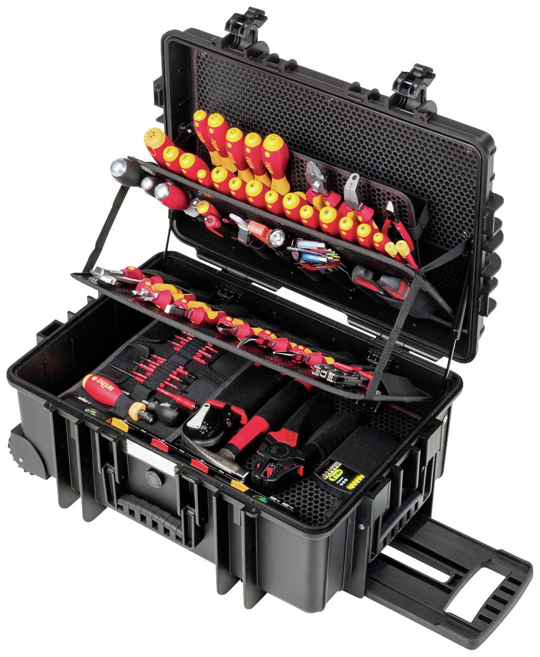 An open toolbox displays various tools, neatly arranged in compartments, suitable for electrical work.