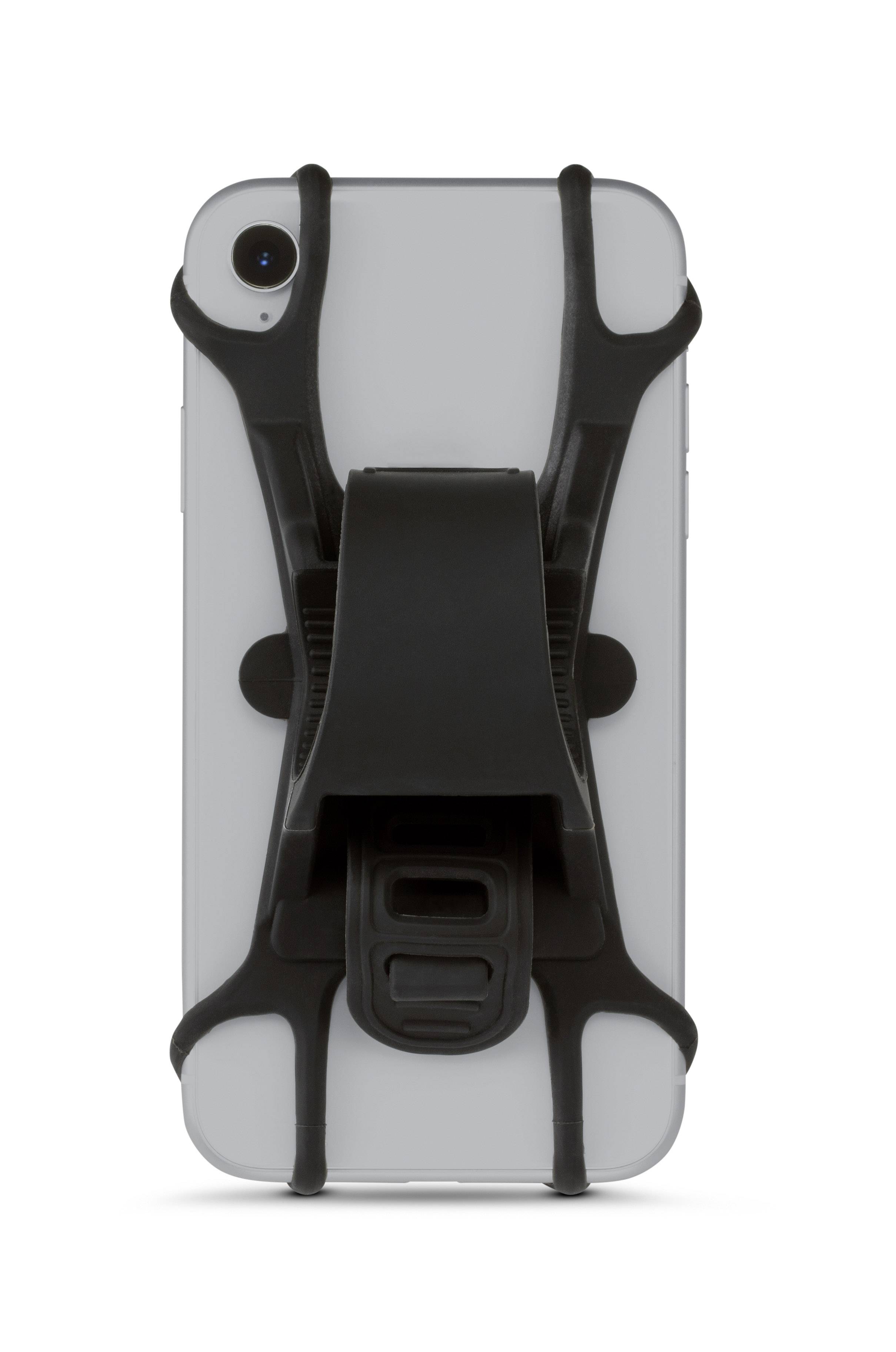 A smartphone with a black mount that looks like a flexible clamp. The mount securely encloses the device.