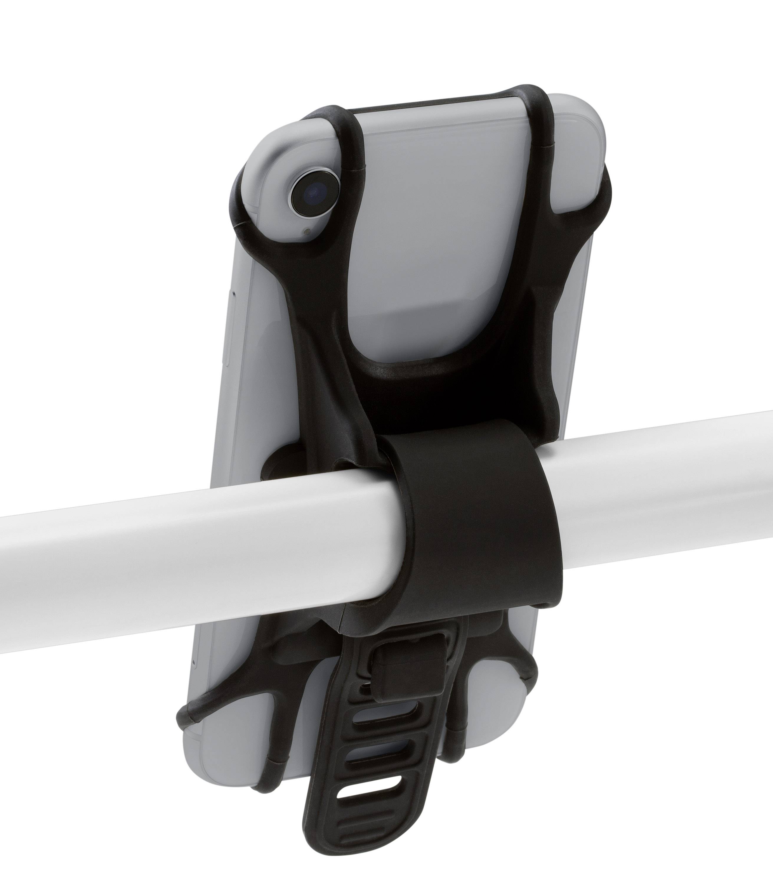 A smartphone is mounted in a black holder on a white pole. The holder has rubber bands for secure attachment.