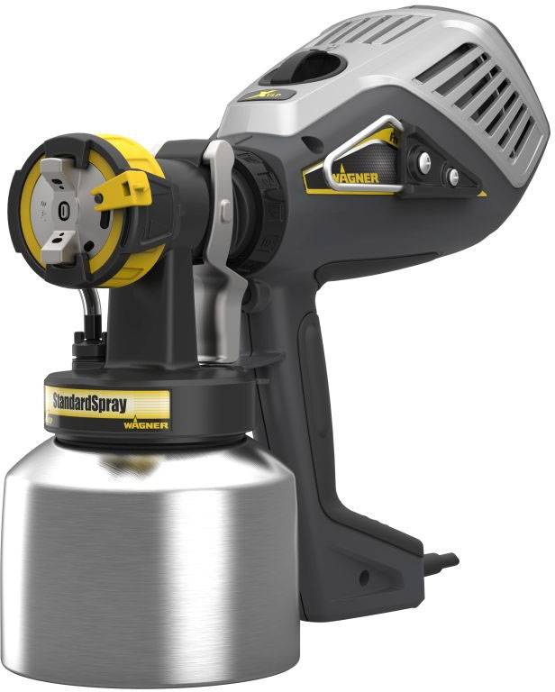 Paint spray gun with ergonomic handle and metal container, marked with 'StandardSpray'. Suitable for various painting projects.