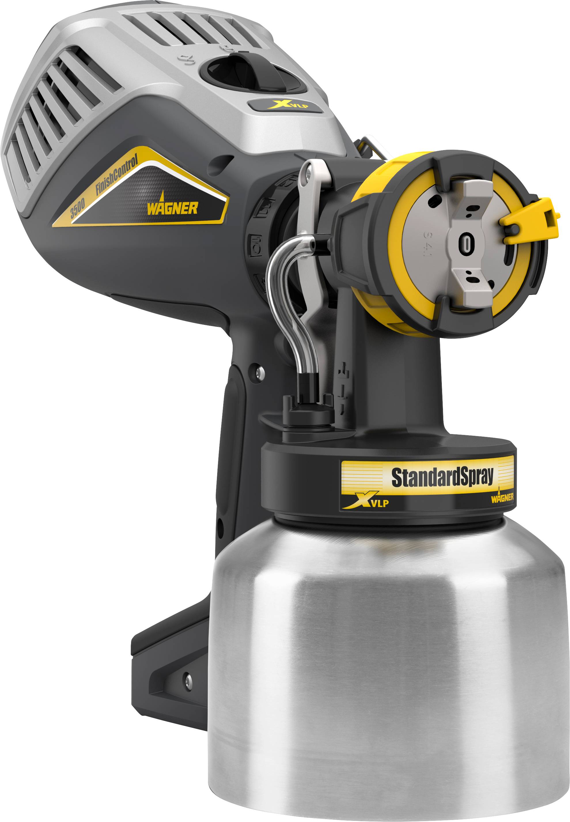 An electric spray gun with a metal container and ergonomic handle, suitable for large-scale painting work.